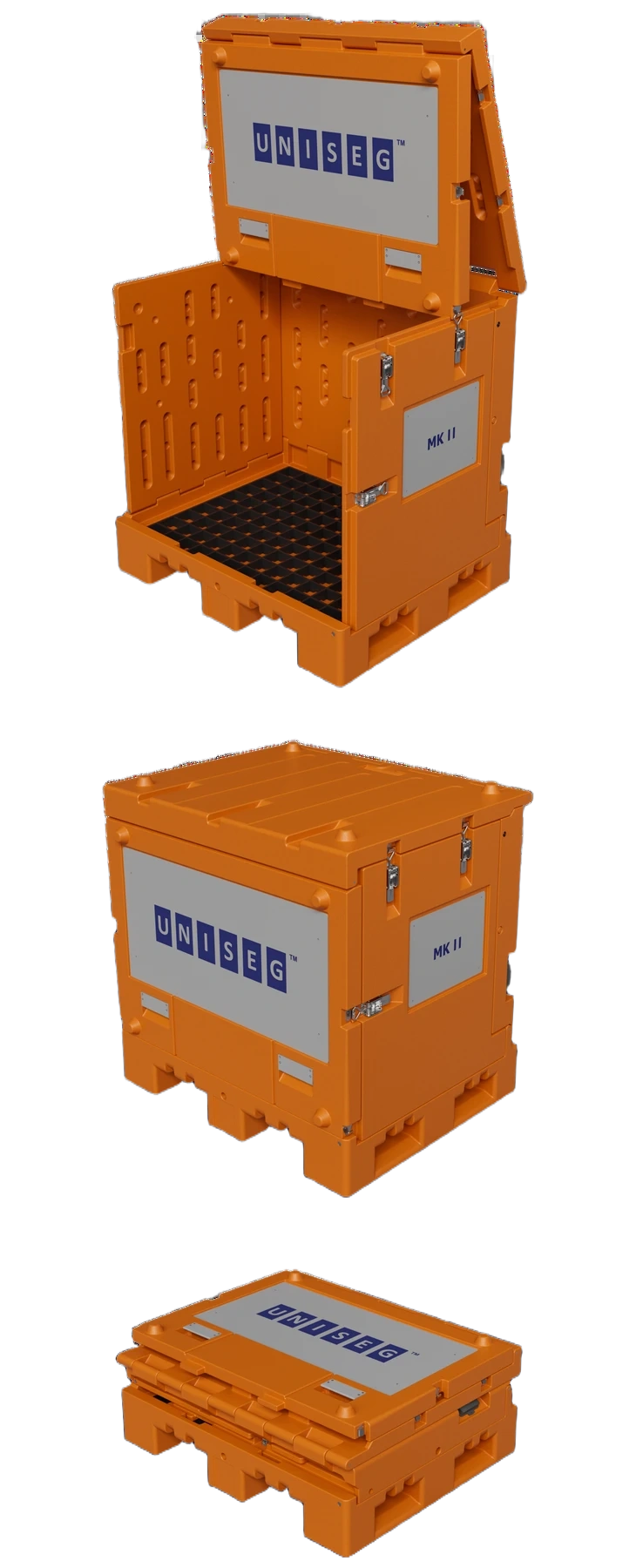 BTS Container MK II shown open, closed and collapsed, stacked vertically